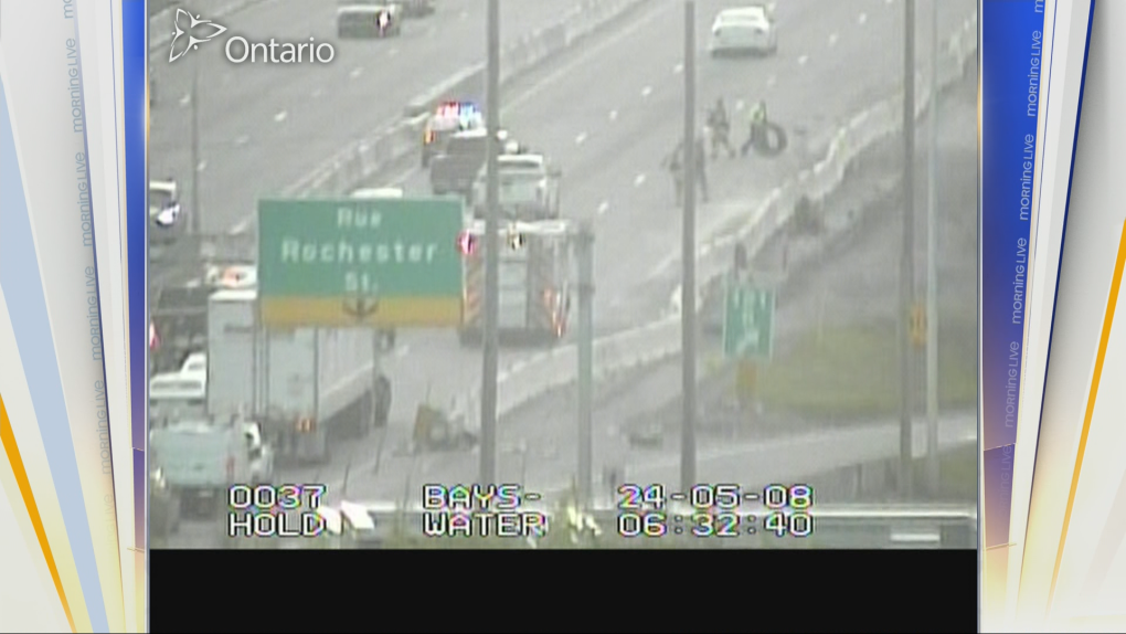 Transport truck strikes Hwy. 417 guardrail, leaving trail of debris and tires [Video]