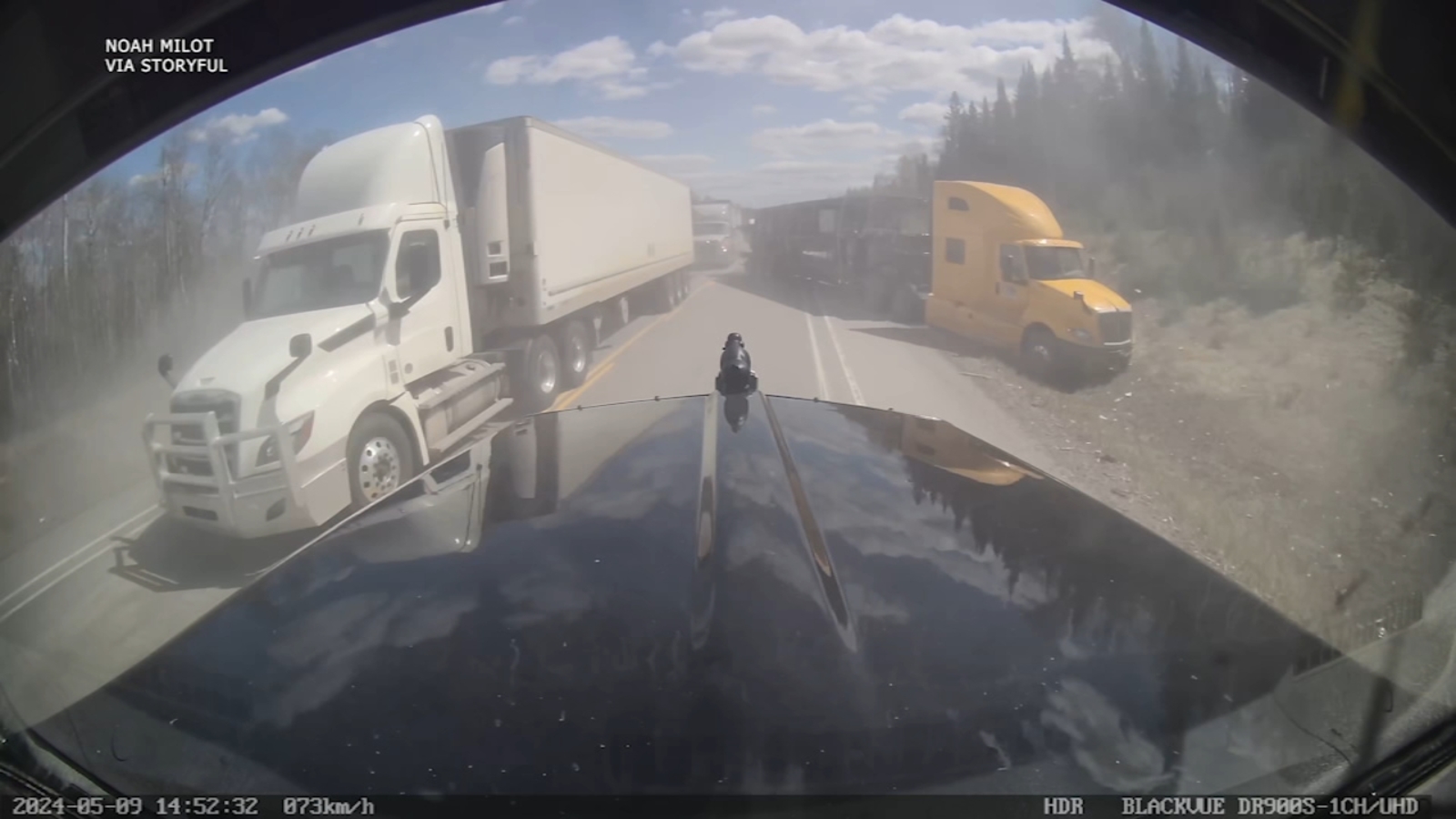 Noah Milot avoids disaster truck crash on Highway 11 near Matheson in Ontario, Canada, dashcam video shows