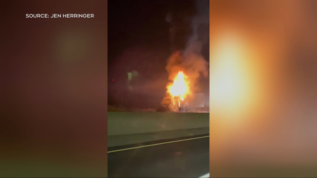 Truck fire on Highway 401 [Video]