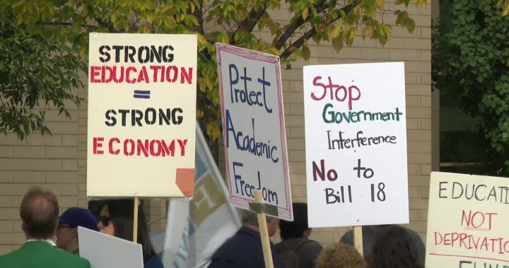 Mount Royal University protesters decry provincial interference in bargaining, Bill 18 [Video]