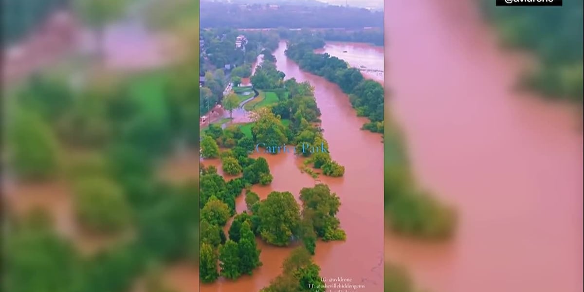 Drone video of floodwaters in Asheville, North Carolina