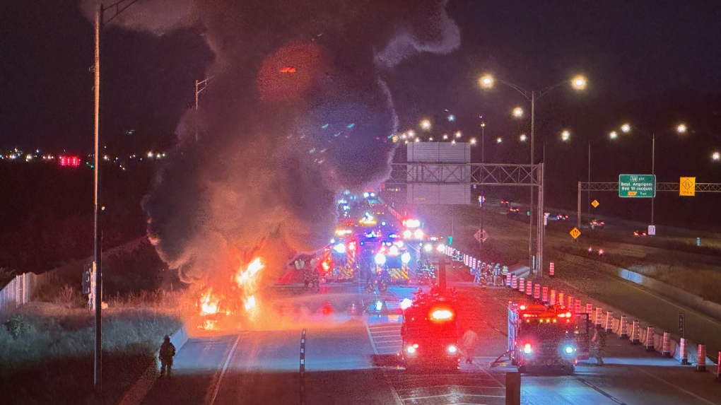 Tanker truck catches fire on Montreal’s Highway 20 [Video]