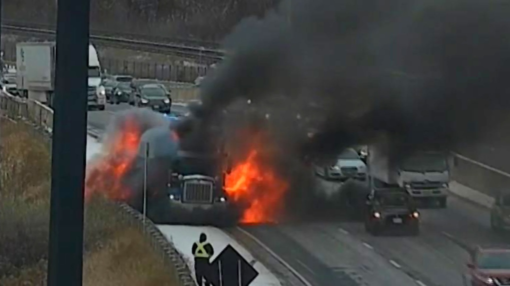 Gardiner truck fire caught on video during CP24 traffic update