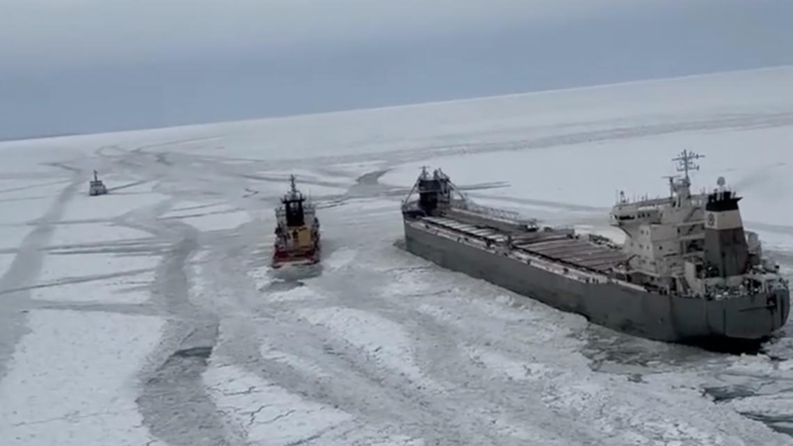 United States Coast Guard works to free Canadian freighter [Video]