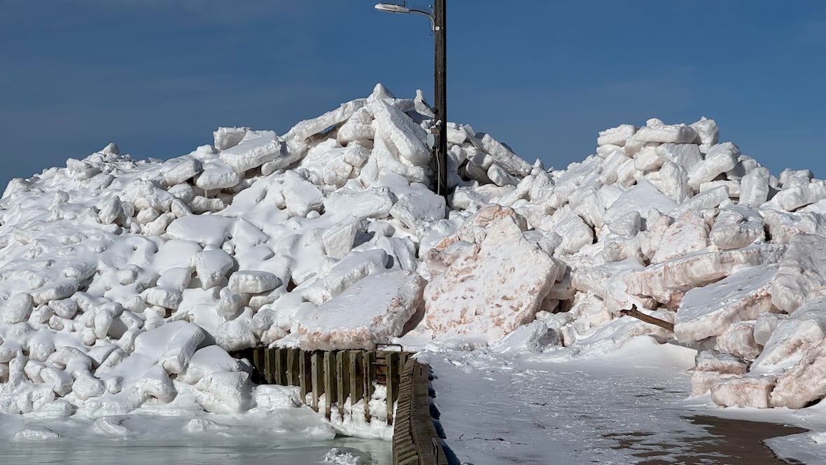 Ice piles up on western P.E.I. wharf [Video]