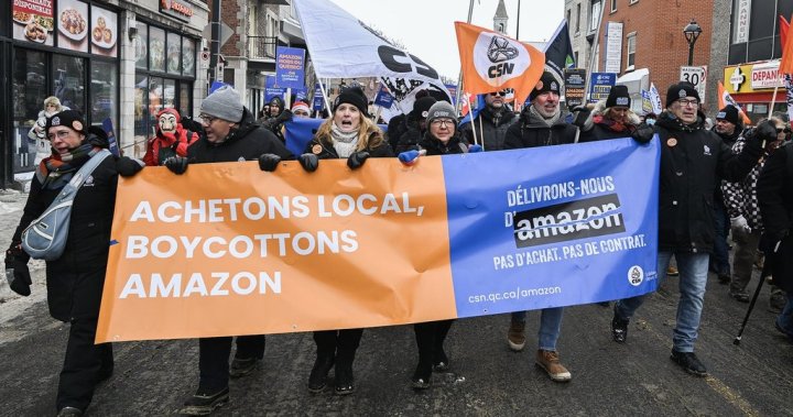 Anti-Amazon protesters in Montreal rally once again for boycott demonstration - Montreal [Video]