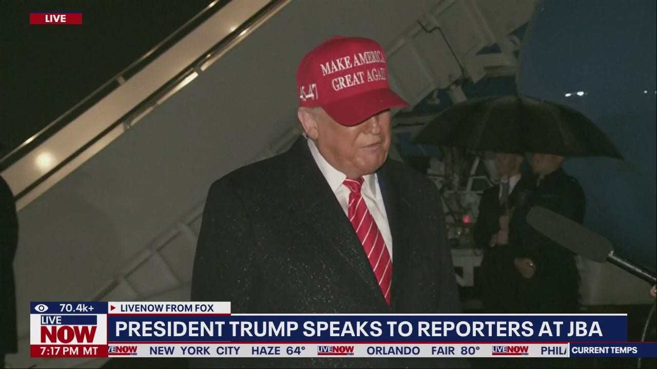 Trump talks steel, Elon Musk with reporters at JBA [Video]